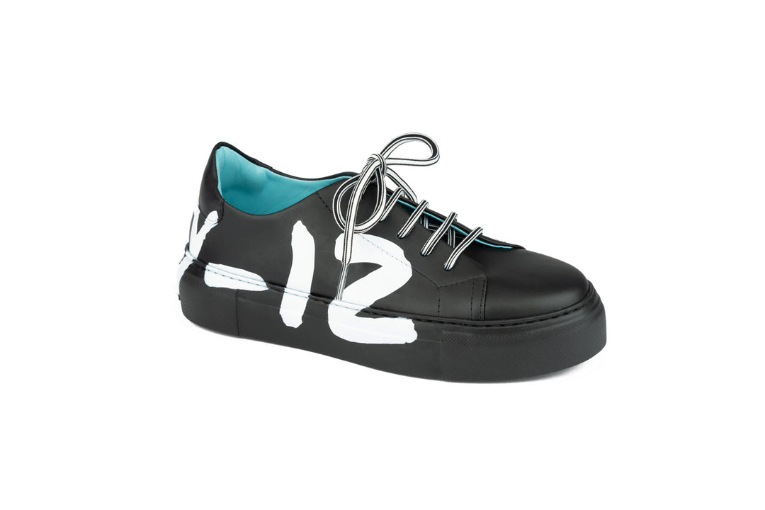 Black Calf Leather and Silver Metallic Nappa Low Top Trainers